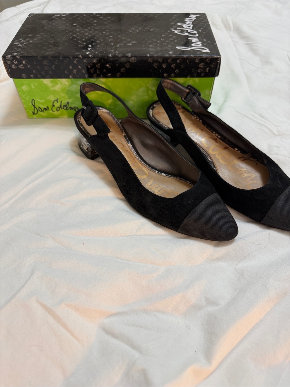 Sam Edelman - Black Suede Pointed Slingback Mules with Matte Black Cap